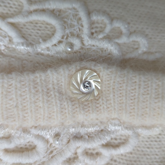 Vintage Ivory Angora Blend Cardigan Lace And Pearl Beading Size Large - Picture 10 of 11